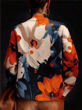 Orange & Blue Boho Women's High Neck Long Sleeve Sweater
